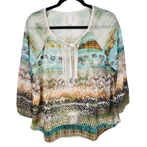 Chicos Sienna Split Neck Top 3/4 Sleeve Crochet Lace Blouse Tribal Print Medium - Picture 1 of 8